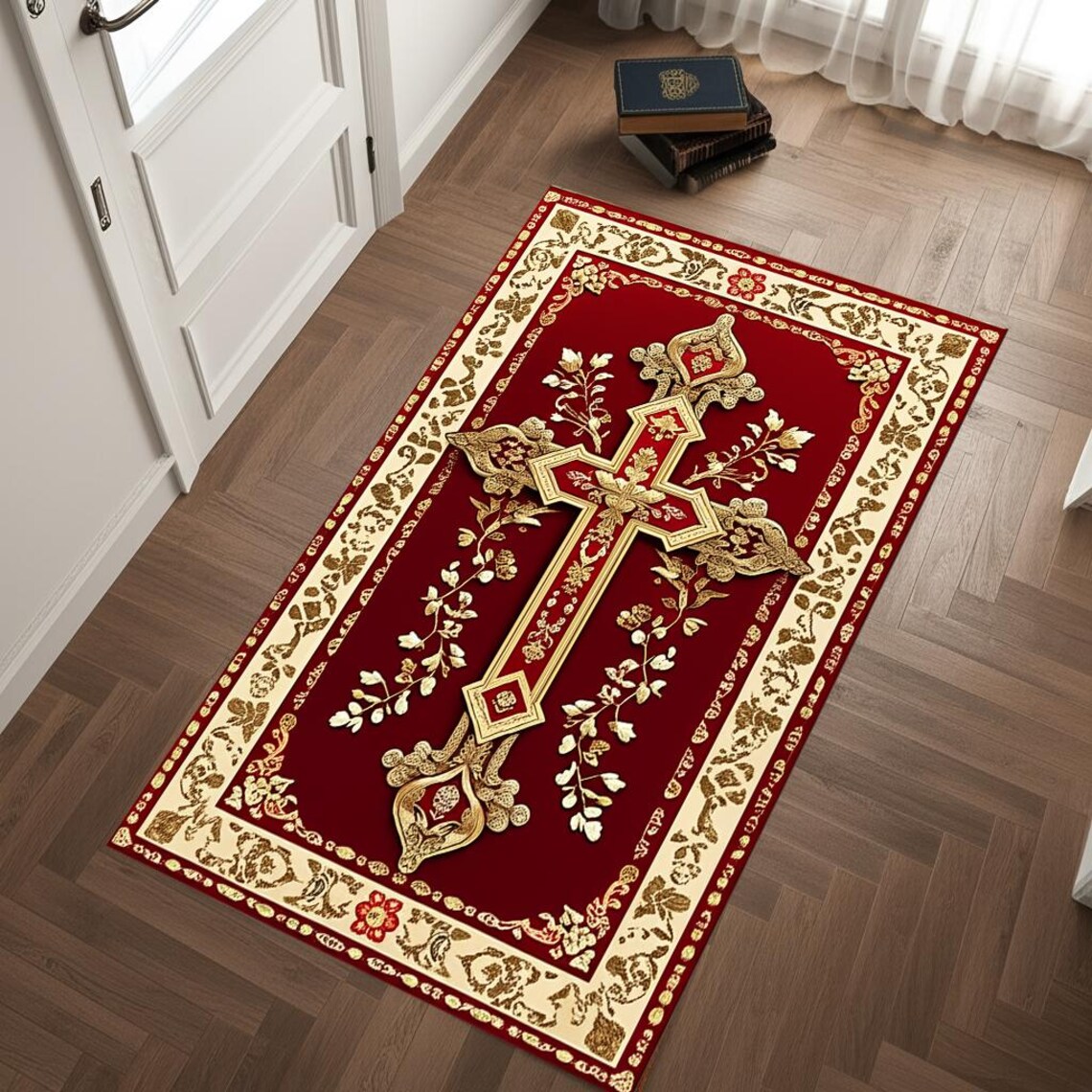Home Decor Retailers - Luxury Red Gold Cross Prayer Rug