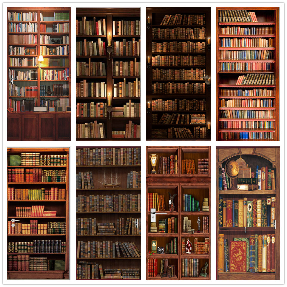 Home Decor On Sale - 3D Door Wallpaper PVC Library Bookshelf